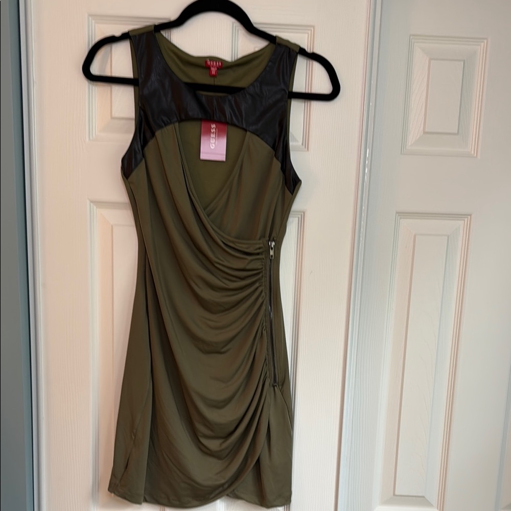 Guess Olive and Black Faux-Leather Yoke Draped Mini Dress